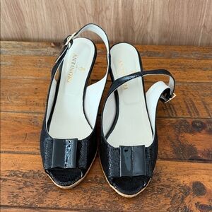 Clorinda Antinori Black Slingback Peep-Toe Wedge Sandals